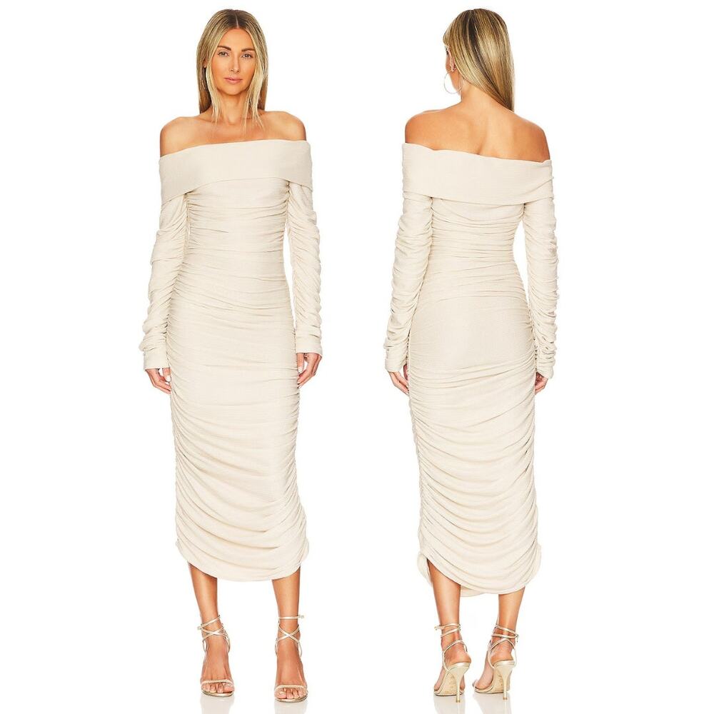 Bronx and Banco Amara Midi Dress Ruched Off the Shoulder Linen Neutral M/US 6